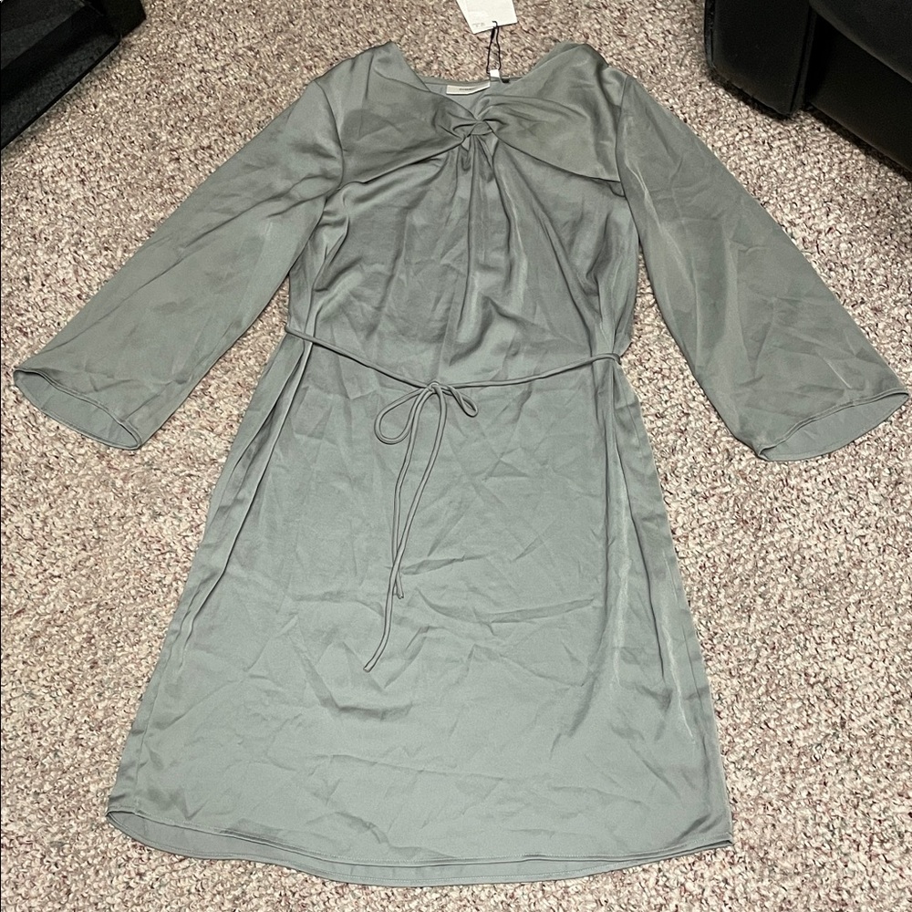 InWear gathered neck satin belted Gray Women's flare sleeve Dress- nwt